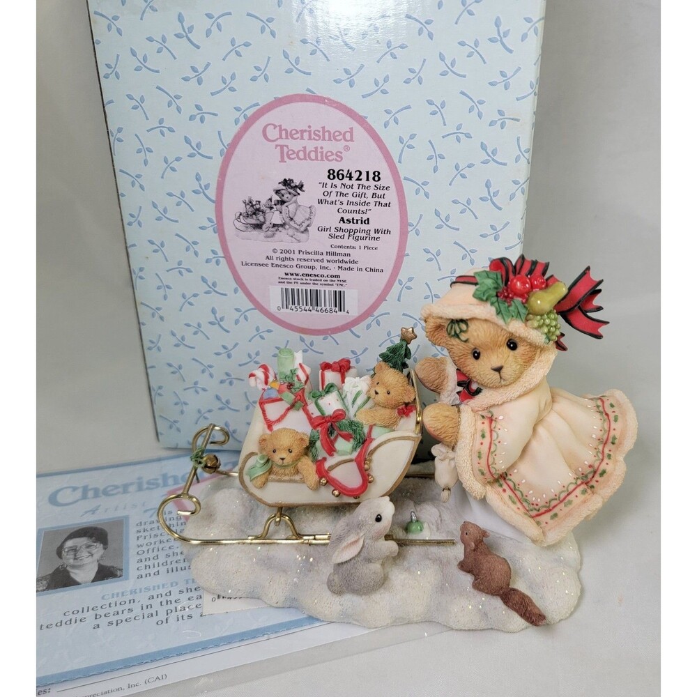 Cherished Teddies Astrid 864218 2001 Girl Shopping with Sled Figurine In Box